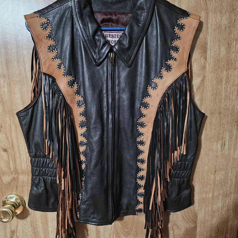 Western World by Shaf Leather Vest Black with Black And Brown Fringe Women’s 3XL